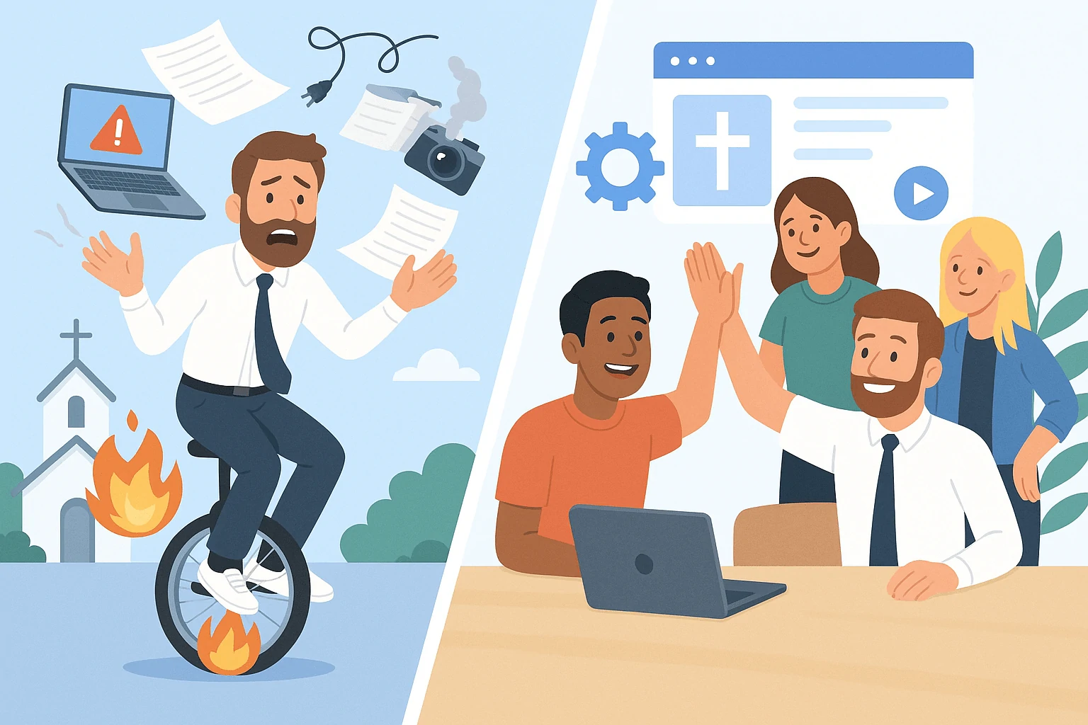 A team of people gathered around a table, working together on laptops in a collaborative environment while another person rides a tricycle that's on fire.